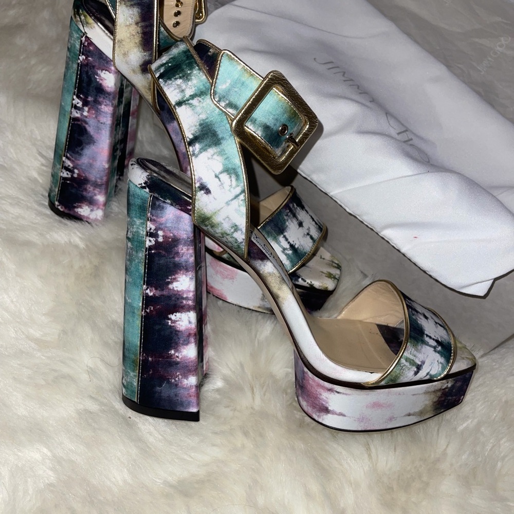Jimmy Choo Multi-Color Tie-Dye Ankle Strap Block Heel Sandals - Picture 4 of 6
